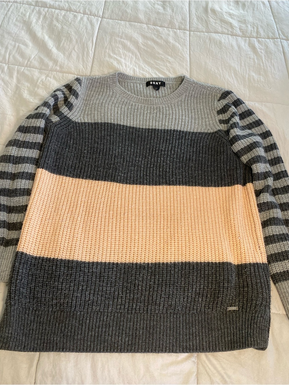 DKNY Colorblock Striped Crewneck Sweater in Gray, Charcoal & Peach